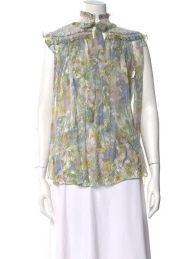 Pre-owned Zimmermann Silk Floral Print Blouse In Green