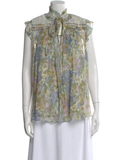 Pre-owned Zimmermann Silk Floral Print Blouse In Green