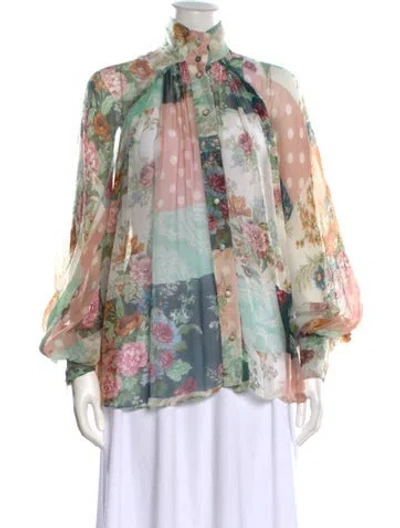Pre-owned Zimmermann Silk Floral Print Blouse In Green
