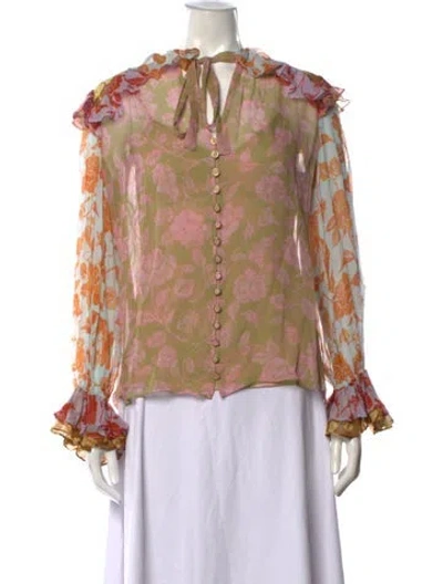 Pre-owned Zimmermann Silk Floral Print Blouse In Green