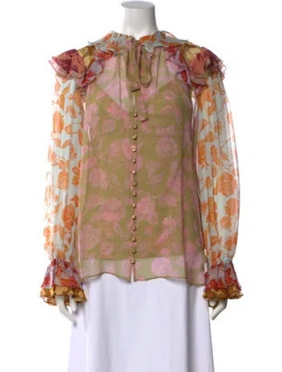Pre-owned Zimmermann Silk Floral Print Blouse W/ Tags In Green