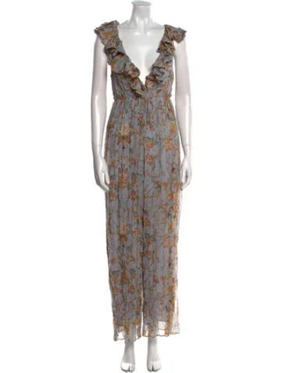Pre-owned Zimmermann Silk Floral Print Jumpsuit In Gray
