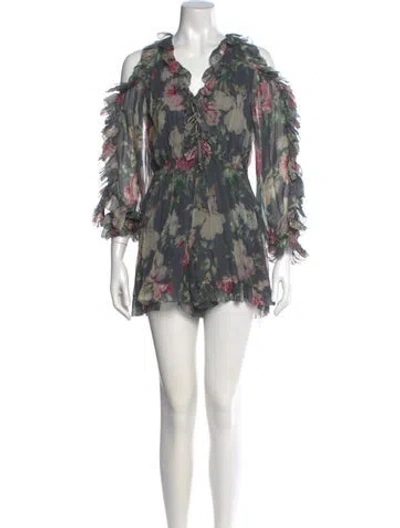 Pre-owned Zimmermann Silk Floral Print Romper In Gray