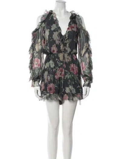 Pre-owned Zimmermann Silk Floral Print Romper In Grey