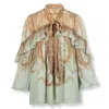 Zimmermann Silk Flutter Blouse With Ruffled Trim In Green