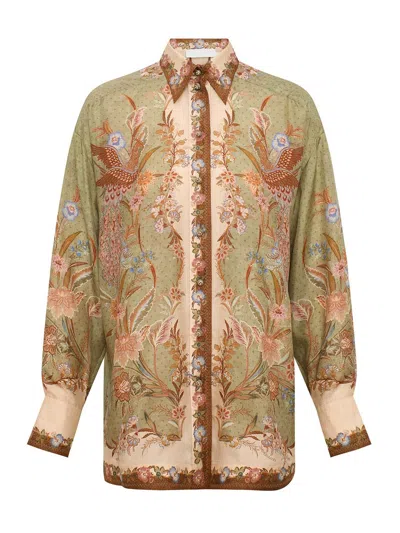 Zimmermann Silk Habotai Long-sleeved Shirt With Fitted Cuffs - Size 0 In Verde