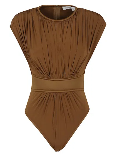 Zimmermann Cap Sleeve Waist Pleated Bodysuit In Khaki
