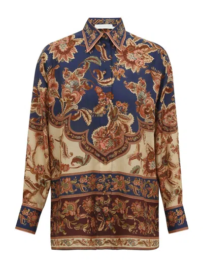 Zimmermann Silk Long-sleeved Shirt With Fitted Cuffs And Center-front Buttons In Multi