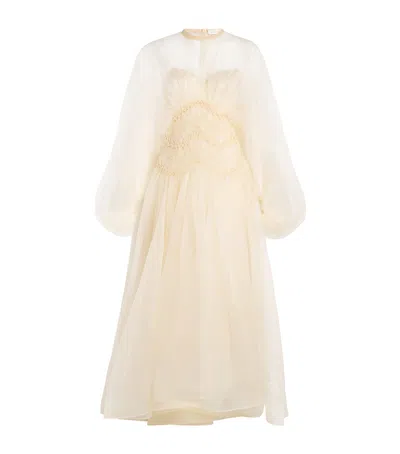 Zimmermann 'illuminate' Beige Crewneck Dress With Wide Elastic Long Sleeves And Macrame Details On Neck And Wai