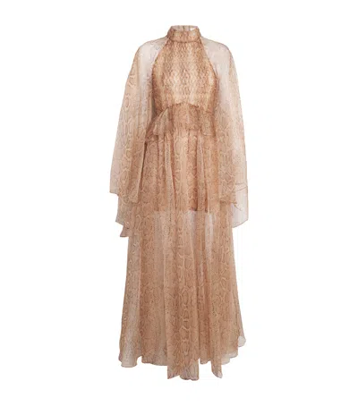 Zimmermann Memento Python-print Silk-organza Maxi Dress In Brown