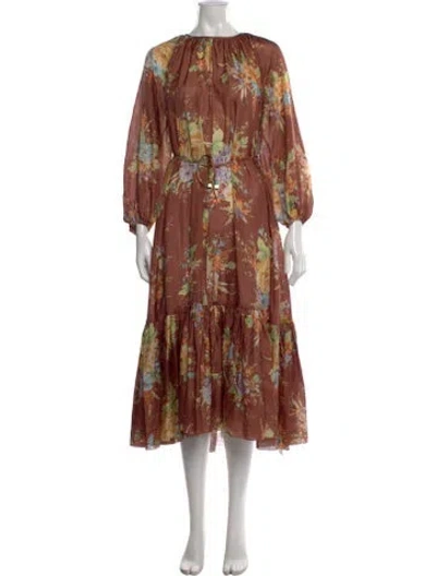 Pre-owned Zimmermann Silk Midi Length Dress In Brown