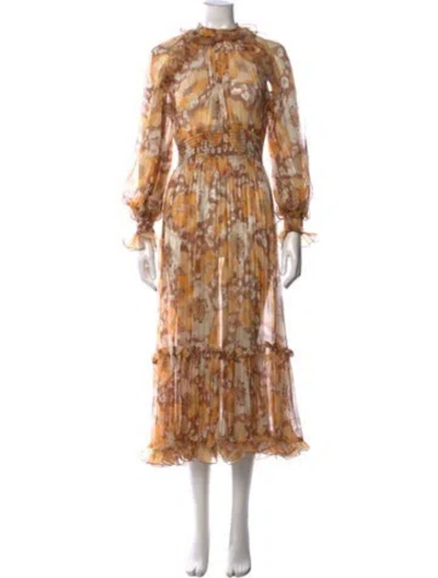 Pre-owned Zimmermann Silk Midi Length Dress In Brown/neutrals/orange