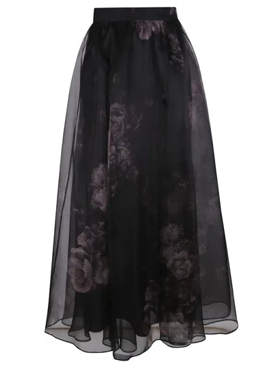 Zimmermann Silk Midi Skirt With Layered Tulle In Black