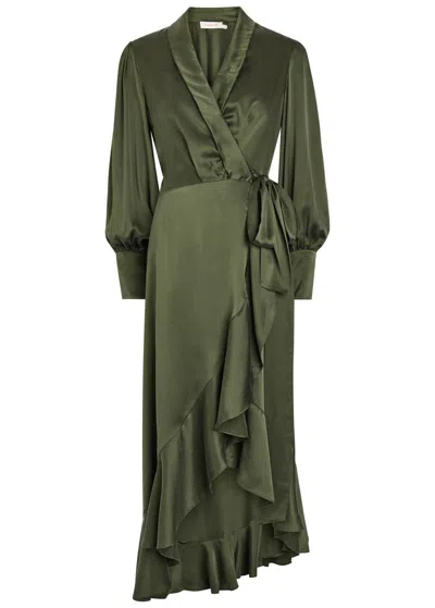 Zimmermann Silk-satin Midi Wrap Dress In Green