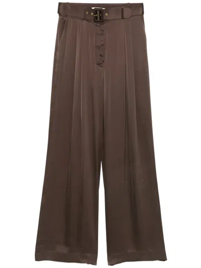 Zimmermann High-waist Brown Silk Trousers With Pleated Front In Gray