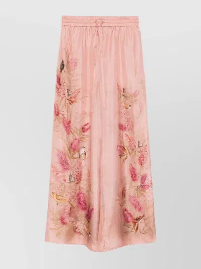Zimmermann Silk Trousers With Floral Print And Wide Leg In Pink