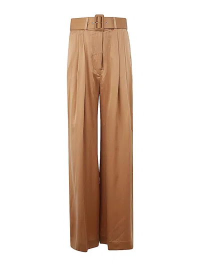 Zimmermann Belted Pleated Silk-satin Wide-leg Pants In Sand