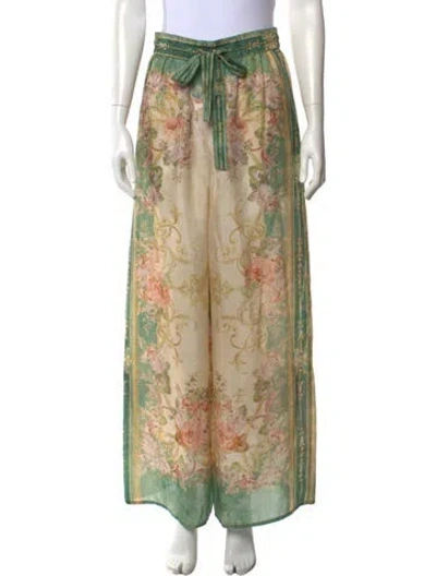 Pre-owned Zimmermann Silk Wide Leg Pants In Green/neutrals