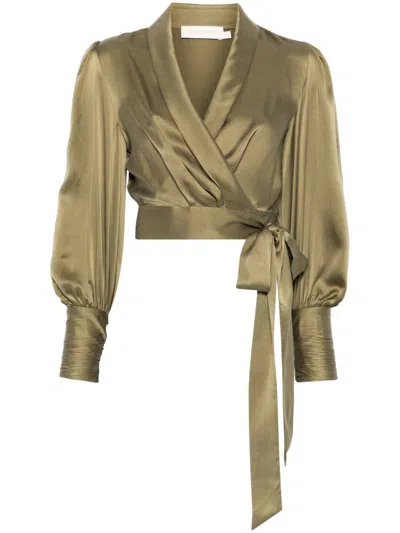 Zimmermann Silk-satin Wrap Blouse In Green