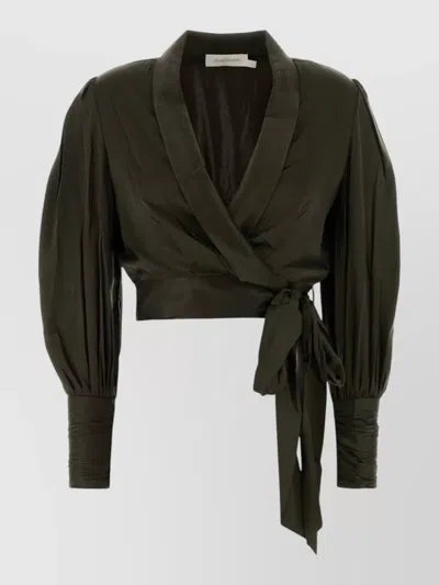 Zimmermann Silk Wrap Blouse Tie Waist Puff Sleeves In Green