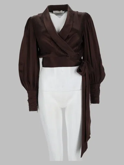 Zimmermann Silk Wrap Blouse With Tie Waist In Brown
