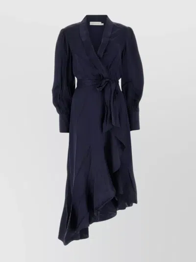 Zimmermann Ruffled Silk-satin Midi Wrap Dress In Navy