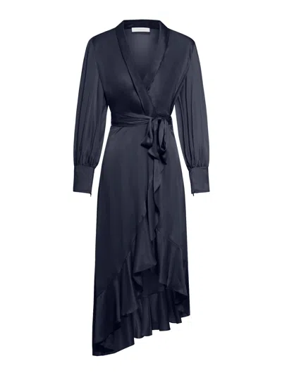 Zimmermann Ruffled Silk-satin Midi Wrap Dress In Navy