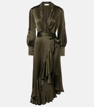 Zimmermann Silk Wrap Midi Dress In Dark Green In Metallic