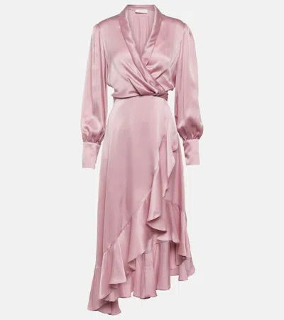 Zimmermann Asymmetric Ruffled Silk-satin Wrap Dress In Latte