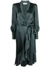 Zimmermann Asymmetric Ruffled Silk-satin Midi Wrap Dress In Green