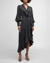 Zimmermann Long-sleeve Wrap Silk Midi Dress In Blk