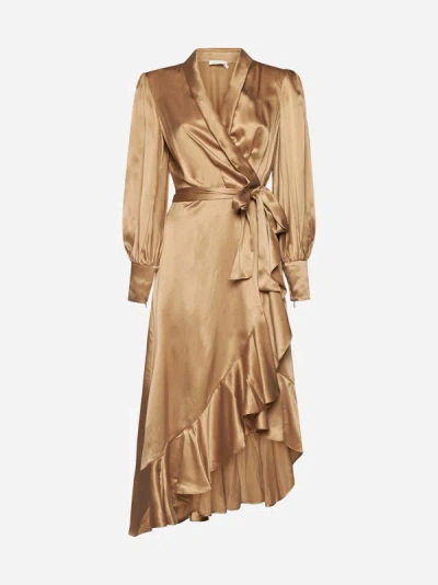 Zimmermann Womens Sand Plunge-neck Wrap-over Silk Midi Dress In Brown