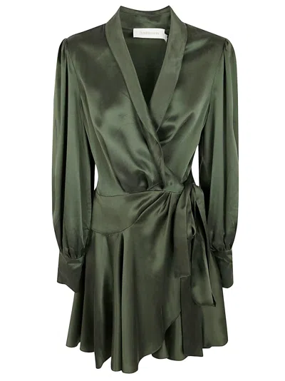 Zimmermann Silk Wrap Mini Dress In Green