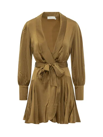 Zimmermann Silk Wrap Mini Dress In Brown