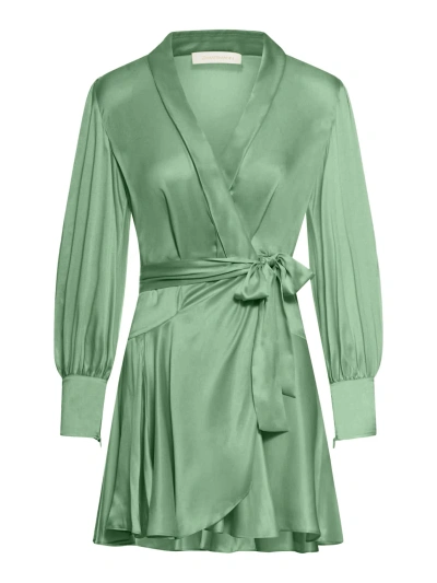 Zimmermann Silk Wrap Mini Dress In Green