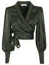 Zimmermann Silk Wrap Top With Puff Sleeves In Green