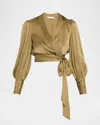 Zimmermann Zimmerman Pleated Washed Wrap Blouse In Beige Silk In Khaki