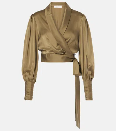 Zimmermann Zimmerman Pleated Washed Wrap Blouse In Beige Silk In Brown