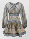 Zimmermann Wanderlust Multicolor Crewneck Mini Dress With Puffed Long Sleeves And All-over Print In Cotton And  In Multi