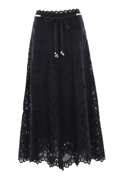 Zimmermann Cotton Rhiannon Embroidered Midi Skirt In Black