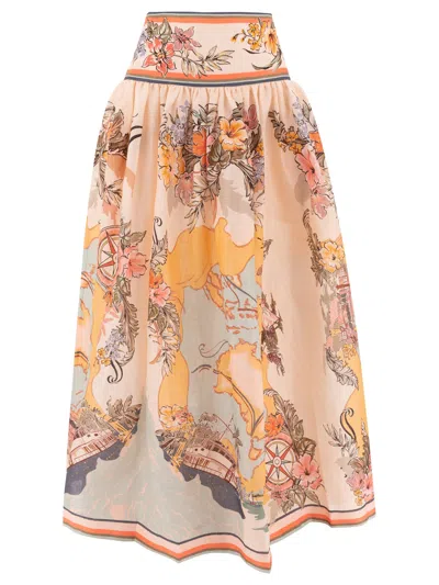 Zimmermann Linen Nautrical Map Print Midi Skirt In Multi