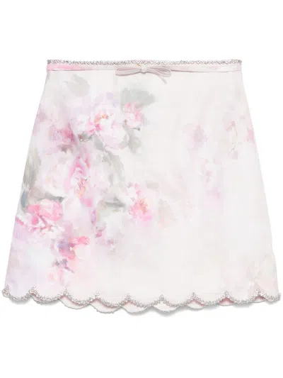 Zimmermann Delicate Floral Print Skirt With Scalloped Hemline In Pink Floral