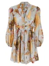 Zimmermann Ascension Light Blue Mini Dress With Flared Skirt And All-over Print In Linen Woman In White