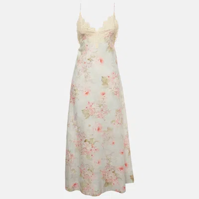 Pre-owned Zimmermann Sky Blue Floral Print Linen Halliday Maxi Dress M
