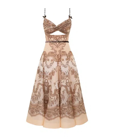 Zimmermann Crush Twist Front Midi Dress In Peach Lace Print