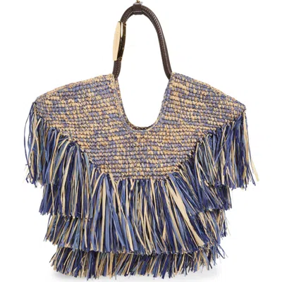 Zimmermann Small Goldentime Fringe Raffia Tote Bag In Blue