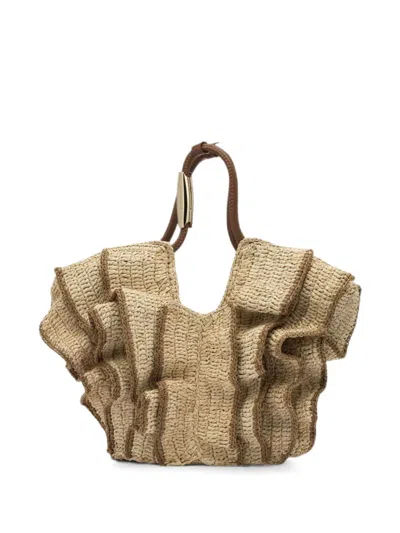 Zimmermann Small Goldentime Ruffled Raffia Tote Bag In Neutral