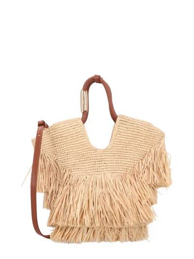 Zimmermann Small Woven Raffia Tote Bag With Layered Fringe Details In Brown