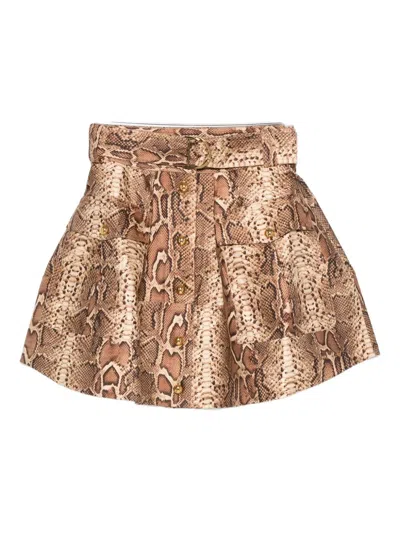 Zimmermann Snakeskin-effect Belted Skirt In Brown