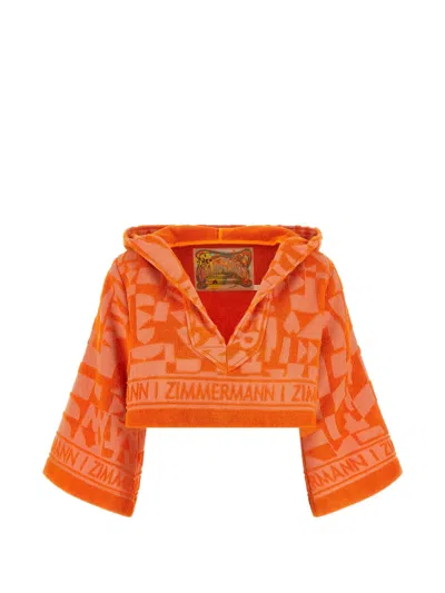 Zimmermann Solstice Hooded Cropped Jacquard-knit Cotton-terry Top In Orange